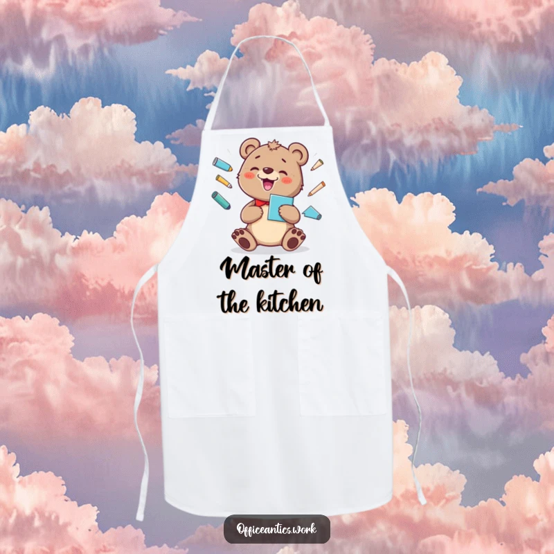 Funny apron with a cheerful bear cub juggling office supplies, adding a silly grin to your cooking experience.