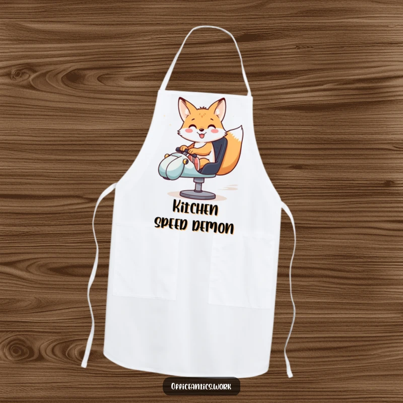 Funny apron with a smiling fox riding a swivel chair like a race car, perfect for humorous kitchen protection.