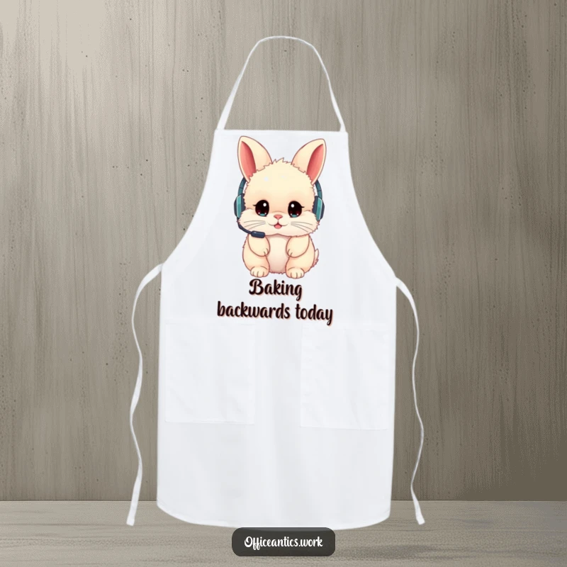 Funny apron with a fluffy rabbit wearing a headset backward, perfect for stylish and humorous kitchen protection.