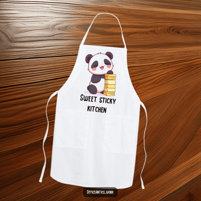 Funny apron with a giggling panda trying to stack sticky notes into a tower, perfect for humorous kitchen protection.