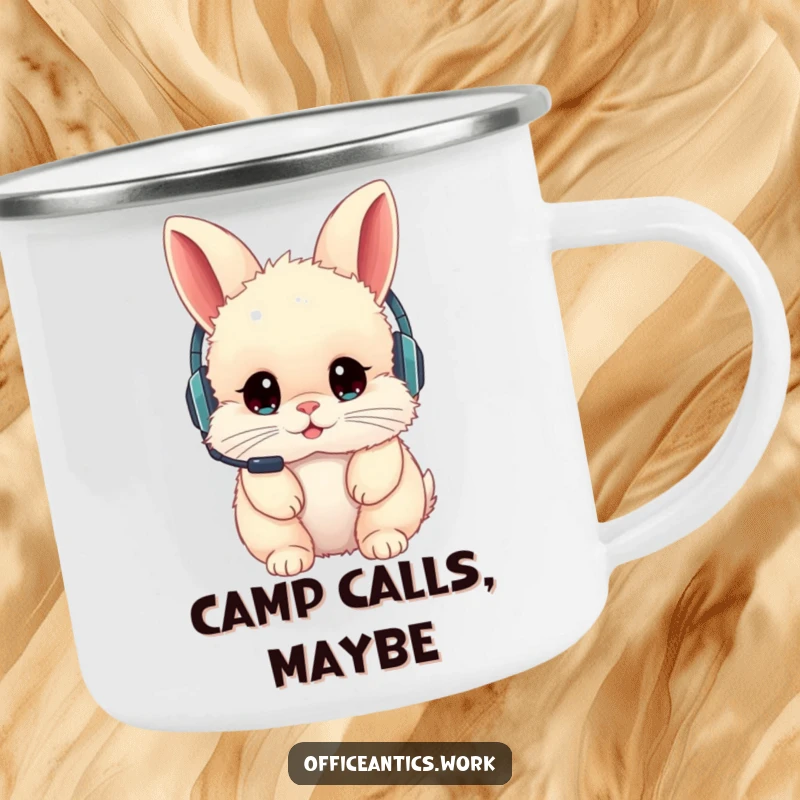 Funny camping mug featuring a fluffy rabbit wearing a headset backward, great for outdoor enthusiasts with a sense of humor.