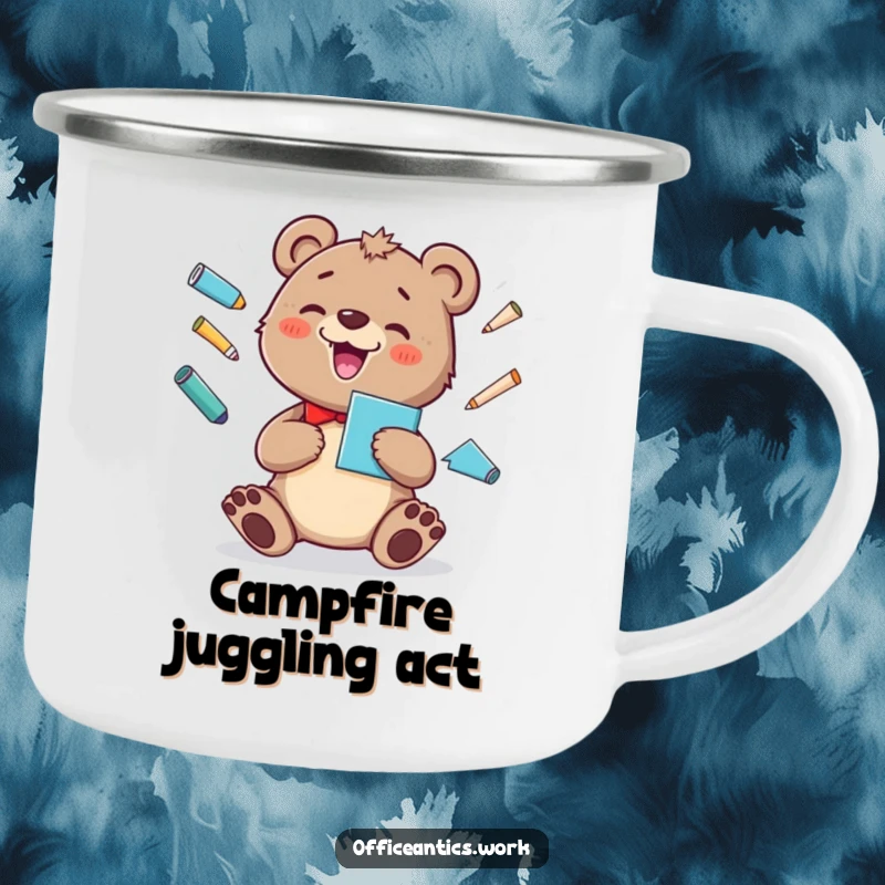Funny camping mug with a cheerful bear cub juggling office supplies, great for outdoor enthusiasts who love humor.