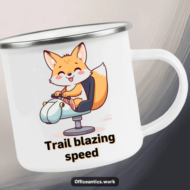 Funny camping mug featuring a smiling fox riding a swivel chair like a race car, great for outdoor humor.