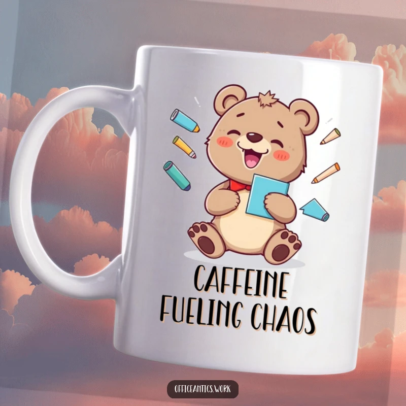 Funny mug showcasing a cheerful bear cub juggling pens, paperclips, and a stapler with a silly grin.