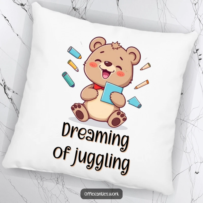 Funny pillow featuring a cheerful bear cub juggling office supplies with a silly grin, ideal for cozy and humorous decor.