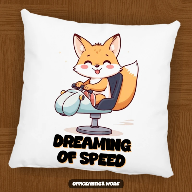Funny pillow featuring a smiling fox riding a swivel chair like a race car, offering soft comfort and humor.
