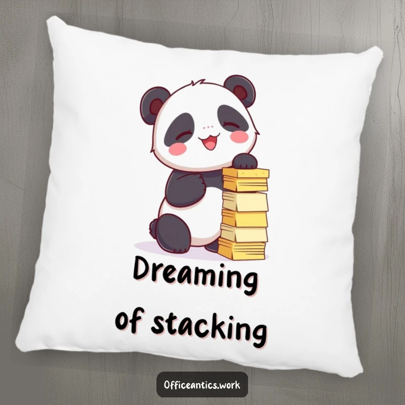 Funny pillow featuring a giggling panda trying to stack sticky notes into a tower, offering soft comfort and humor.