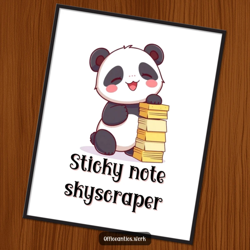 Funny digital art print of a giggling panda trying to stack sticky notes into a tower, perfect for whimsical decor.