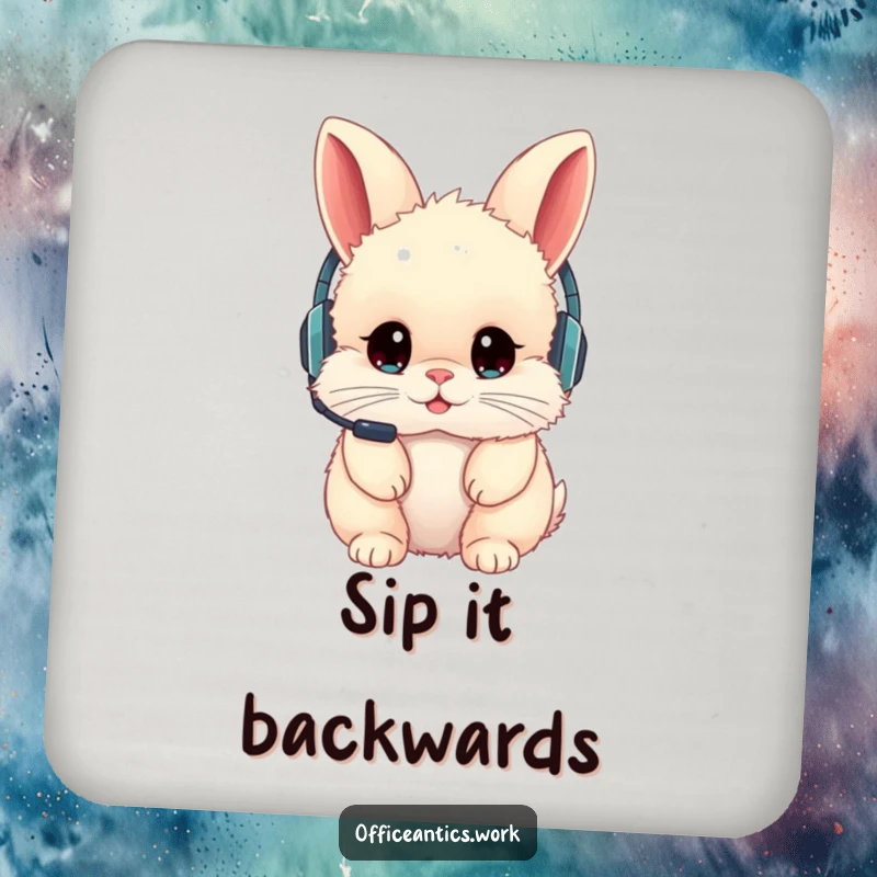Funny drink coaster with a fluffy rabbit wearing a headset backward, offering protection with a humorous twist.