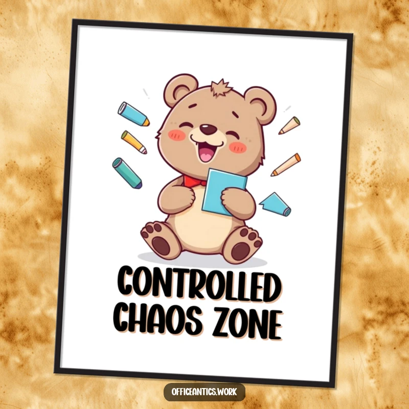 Funny poster of a cheerful bear cub juggling office supplies with a big silly grin, perfect for playful decor.