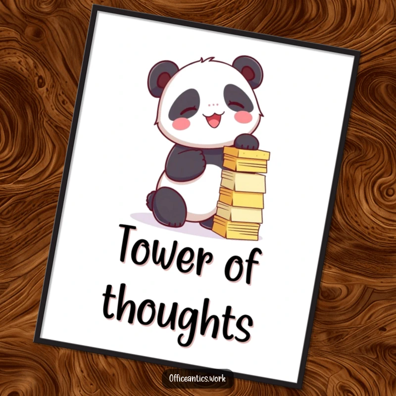 Funny poster of a giggling panda trying to stack sticky notes into a tower, perfect for playful and humorous decor.