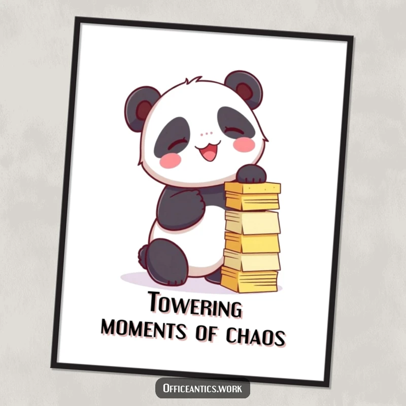 Funny Free Printable Wall Art: Giggling panda stacking sticky notes into a tall tower.