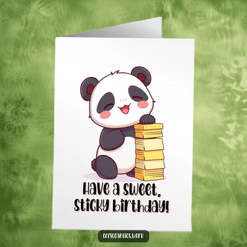 Funny Free Printable Birthday Card: Giggling panda stacking sticky notes into a wobbly tower.