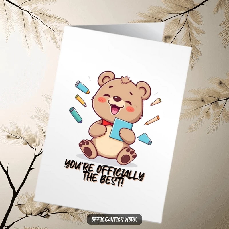 Funny Free Printable Congrats Card: Bear cub juggling office supplies, silly celebration art.