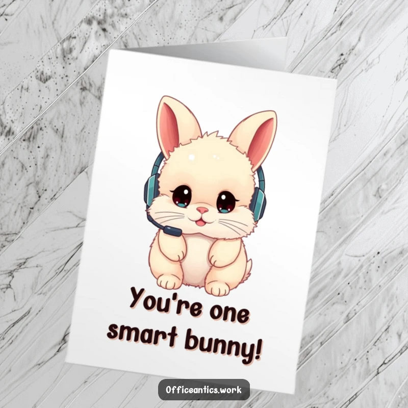 Funny Free Printable Congrats Card: Rabbit with headset worn backwards, oops moment celebration.