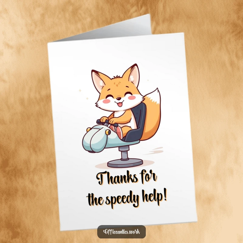 Funny Free Printable Thank You Card: Smiling fox attempting to ride swivel chair like a race car.