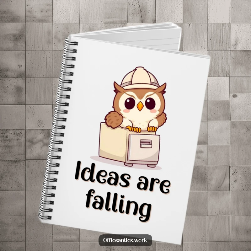 Funny notebook with a cute owl in a hard hat tripping over a file cabinet, great for writing and office humor.