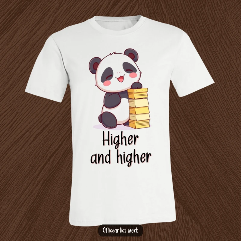 Funny t-shirt featuring a giggling panda attempting to stack sticky notes into a tower, great for creative humor.