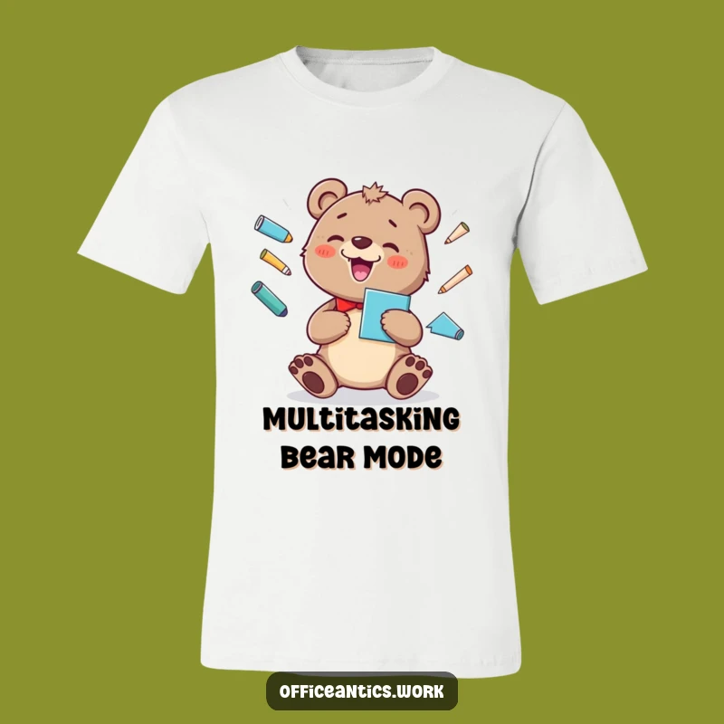 Funny Bear Cub Juggling T-Shirt: Silly Office Supplies Cartoon Tee
