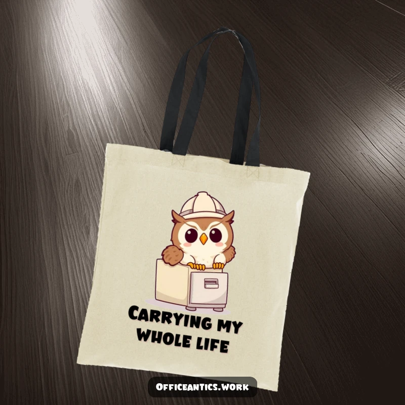 Funny tote bag with a cute owl in a hard hat tripping over a file cabinet, perfect for carrying essentials humorously.