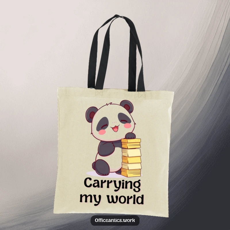 Funny tote bag featuring a giggling panda trying to stack sticky notes into a tower, perfect for carrying essentials humorously.