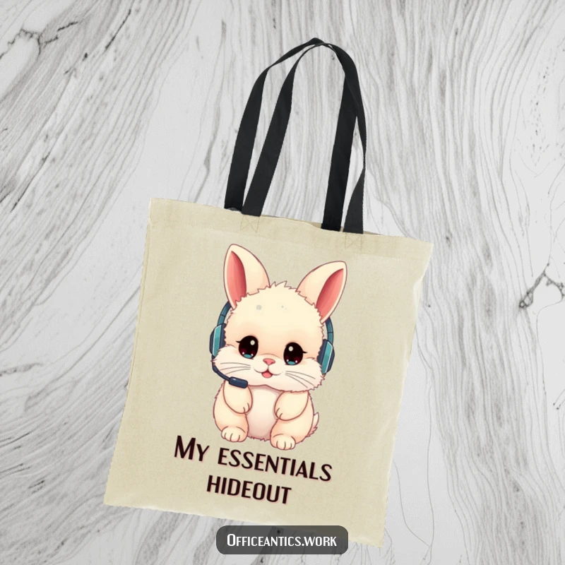 Funny tote bag featuring a fluffy rabbit wearing a headset backward, perfect for carrying essentials with a touch of humor.